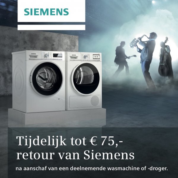 Tot 75 Euro retour op Siemens wasmachine of droger